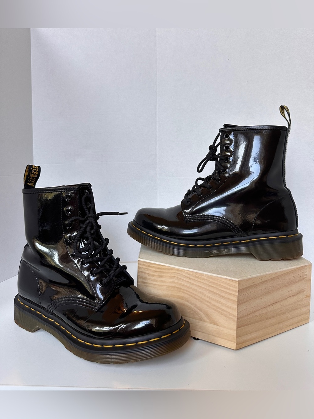 Dr. Martens Black Patent Lace-Up Combat Boots with Yellow Stitching Size 8